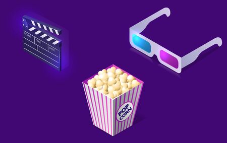 Cinema or movie icons isometric concept vector illustration. Popcorn bucket, 3D glasses and clapper isolated on ultraviolet background.のイラスト素材