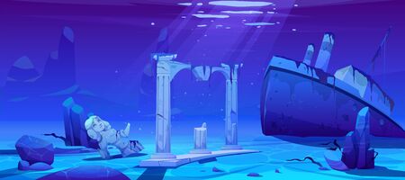 Wreck ship, sunken steamboat vessel with pipes on ocean sandy bottom near ancient old architecture columns and broken female statue, underwater world, pc game background. Cartoon vector illustrationのイラスト素材
