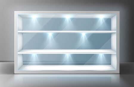 Showcase with glass wall, white shelves and spotlights. Vector realistic mockup of empty display stand, storefront with transparent window for shop, boutique, product presentarion or museum exhibitionのイラスト素材