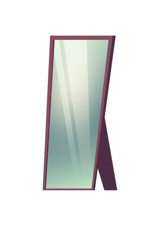 Standing floor mirror isolated on white background. Vector cartoon illustration of full length rectrangle mirror with purple frame and glass surface for dressing room interiorのイラスト素材