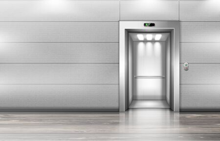 Open elevator doors in hallway. Vector realistic empty modern office or hotel lobby interior with lift, metal panel with buttons and floor display on wallのイラスト素材