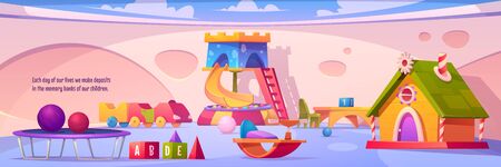Kids playroom interior, empty indoors playground with furniture and equipment for games slide with dry pool and balls, trampoline, wood house, toys and desks for children Cartoon vector illustrationのイラスト素材