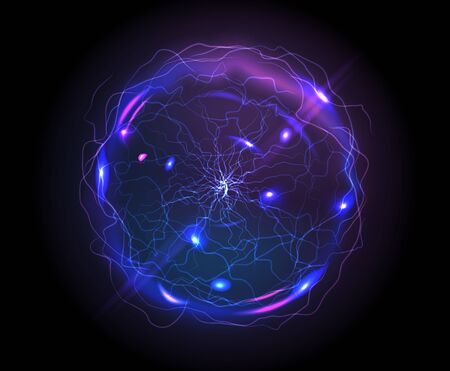 Electric ball or plasma sphere, realistic vector illustration. Abstractt ball lightning with burning rays or powerful electric discharges isolated on black background. Magical energy design elementのイラスト素材
