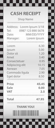 Shop receipt realistic isolated vector illustration. Direct paper payment bill with barcode, goods and their price, tax, Vat and total amountのイラスト素材