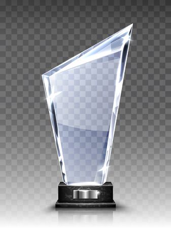 Glass award trophy or winner prize realistic vector illustration. Transparent crystal plate or blank acrylic frame on black marble pedestal, isolared front view with light and shadowのイラスト素材