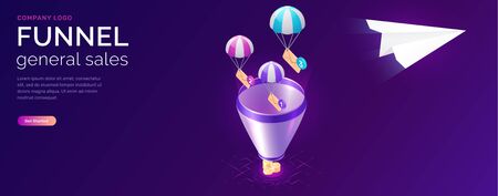 Sale funnel and email message service, isometric concept vector. Flying paper plane, parachuting icon envelopes in filter funnel, ultraviolet webpage for email marketing company, sending notificationsのイラスト素材