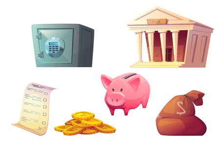 Saving money cartoon icons vector illustration. Pink piggy bank icon, bank building, safe deposit, bag and golden coins pile isolated on white background.のイラスト素材