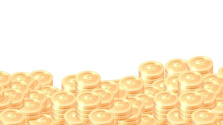 Piles of gold coins cartoon vector illustration. Many or golden coins stack with dollar sign, frame or border isolated on white background.のイラスト素材
