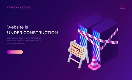 Website under construction, maintenance work or error page isometric concept vector illustration. Server racks with warning signal tape, traffic cone and road traffic sign, purple ultraviolet bannerのイラスト素材