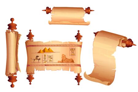 Ancient Egypt papyrus scroll cartoon vector set, blank and with hieroglyphs and Egyptian culture religious symbols, ancient sphinx and pharaoh pyramid, isolated rolled up manuscript with wooden rodのイラスト素材
