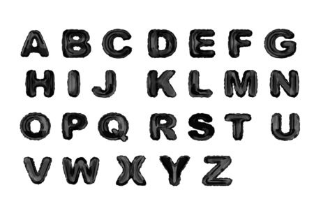 Alphabet black balloons realistic vector. Inflatable abc letters of dark metal foil for childrens parties, birthday celebrate, shining font type set isolated on white backgroundのイラスト素材