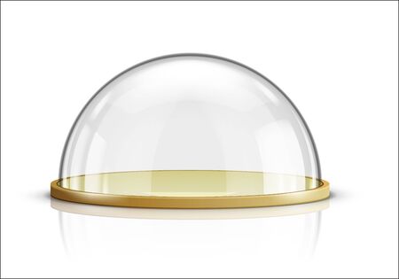 Glass dome and wooden tray realistic vector. Glass round dome with plate, food storage container or product presentation case with reflection isolated on white backgroundのイラスト素材