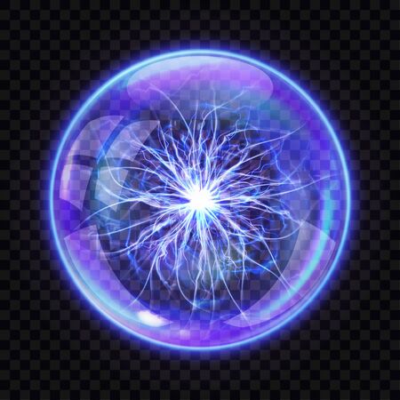 Magic ball with electric lightning inside, realistic vector illustration. Transparent glass or crystal sphere for spiritualistic sessions with energetic flash isolated on dark transparent backgroundのイラスト素材