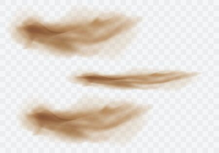 Desert sandstorm set, brown dusty clouds or dry sand flying with gust of wind, explosion collection realistic texture vector illustration isolated on transparent backgroundのイラスト素材