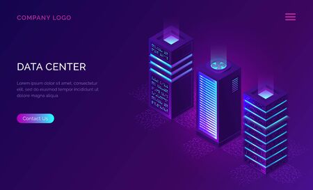 Date center isometric concept vector illustration. Server room with hardware racks or web hosting infrastructure icons on ultraviolet web banner, database storage technology, cloud computing servicesのイラスト素材
