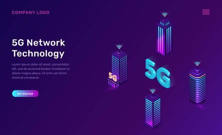 5G network technology, isometric concept vector illustration. Smart city, tall buildings with 5G symbol wireless internet isolated on ultraviolet background. High speed internet web pageのイラスト素材