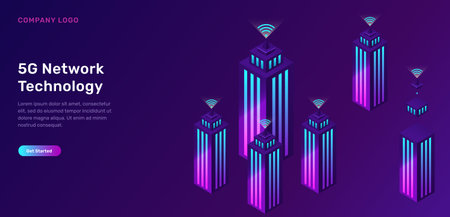 Smart city, wireless network technology, isometric concept vector illustration. Tall buildings with...