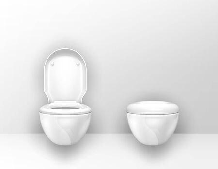 Toilet bowls mounted on wall in WC. Vector realistic interior of empty restroom, modern lavatory with suspended white ceramic toilets with open and closed seat lidのイラスト素材