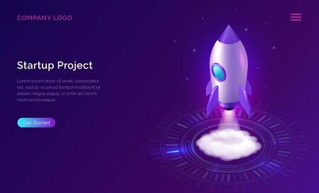 Business start up isometric concept vector illustration. Rocket taking off with fire and smoke over neon glowing circle on ultraviolet background. Spaceship launching purple web pageのイラスト素材