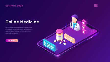 Online medicine isometric concept vector illustration. Distance or telemedicine app for mobile phones. Smartphone screen with doctor figure, chat messages and pills and tablets on purple backgroundのイラスト素材
