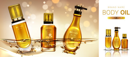 Body oil cosmetics bottles mockup banner. Beauty cosmetic product line for skin moisturizing and treatment on blurred golden background. Advertising promo for magazine. Realistic 3d vector, ad bannerのイラスト素材