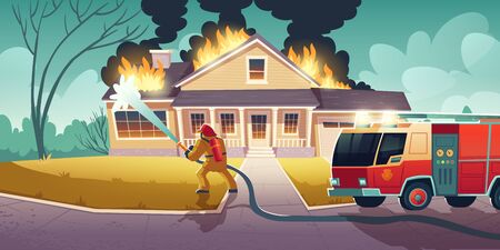 Fireman extinguish ignition in house. Firefighter put out flame on building roof with hose water. Vector cartoon illustration of burning home and red emergency rescue truckの素材 [FY310145439910]