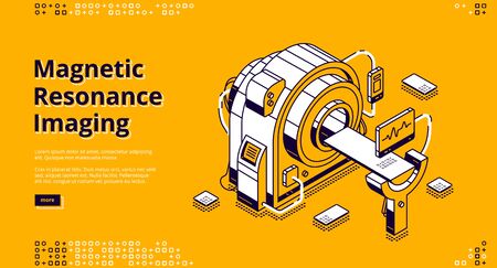 Magnetic resonance imaging isometric landing page. Mri scanner in hospital, digital technology in medicine diagnostic. Ultrasonography health care procedure 3d vector illustration, line art web bannerのイラスト素材