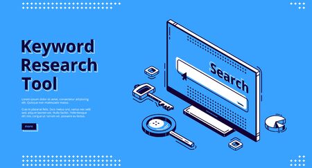 Keyword research tool isometric landing page. Key, magnifying glass and pie chart randomly lying around computer monitor. Seo optimization, analysis service 3d vector illustration, web banner line artのイラスト素材