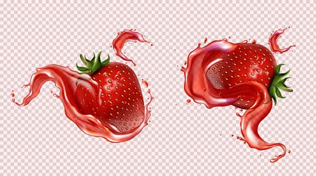 Strawberry with juice splash, realistic vector illustration. Ripe sweet red berries with green leaf and seeds in falling liquid with flying drops, isolated on transparent background, package designのイラスト素材