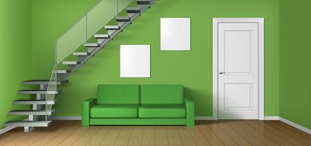 Empty living room with sofa, staircase and white closed door. Vector realistic modern interior of home hallway, office or studio with wooden floor, green walls, couch and blank postersのイラスト素材