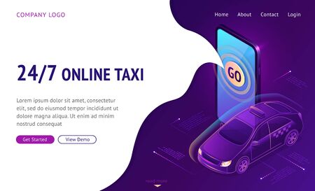Online taxi 24 7 isometric landing page. Cab car stand near huge smartphone with go button on screen. City transportation service mobile app, carsharing 3d vector illustration, web banner templateのイラスト素材