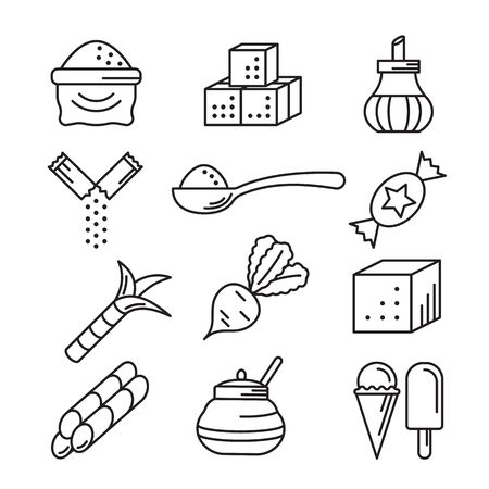 Sugar icons line art vector illustration isolated on white background. Signs of sugar-bowl, cane and beet, sweet cubes, candy and ice cream, bag and spoonのイラスト素材