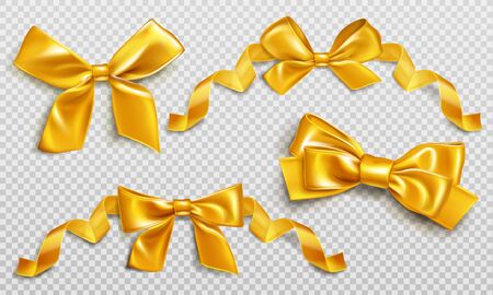 Gold bows with curly ribbons set. Collection shiny golden festive elements for wrapping gift box, present design or invitation card isolated on transparent background. Realistic 3d vector illustrationのイラスト素材