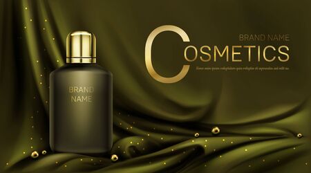 Perfume bottle on olive green silk fabric folded background, golden pearls, realistic vector. Cosmetic product ad, luxury packaging for male, female fragrance on shiny green satin cloth drapery posterのイラスト素材