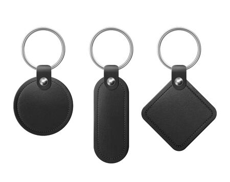 Leather keychain, holder trinket for key with metal ring. Vector realistic template of black fob for home, car or office isolated on white background. Blank accessory for corporate identityのイラスト素材
