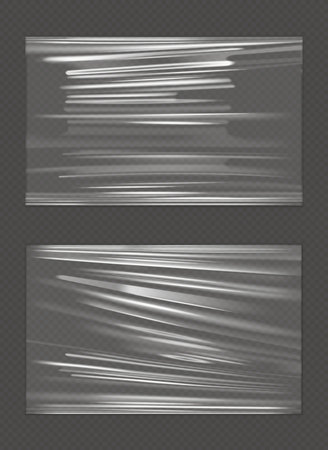 Stretched cellophane banner, realistic crumpled or folded texture vector illustration. Clear transparent polyethylene top of plastic container, tape or elastic wrapping paper for food or snacks bagのイラスト素材