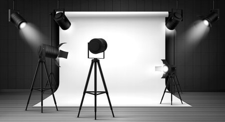 Photography studio interior with white paper background and spotlights. Vector realistic mockup of professional photo equipment in empty room, glowing floodlights on tripod and hangingのイラスト素材
