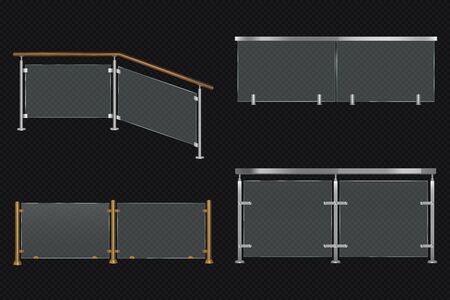 Glass balustrade with iron banister front and angle view. Vector realistic mockup of different sections of clear acrylic fence with metal or wooden railing isolated on transparent backgroundのイラスト素材