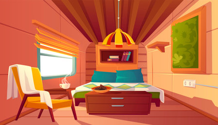 Camper interior with bed, bookshelves, chair and nightstand. Empty modern trailer car. Vector cartoon bedroom in camping van with cozy furniture. Minibus for travel and vacation insideのイラスト素材