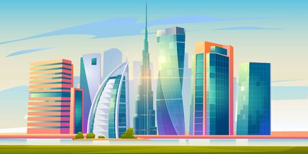 FEBRUARY 14, 2020. Cartoon vector illustration Burj Khalifa, Burj al Arab, Cayan Tower buildings, Dubai landscape, UAE world famous architecture landmarks, United Arab Emiratesの素材 [FY310148199686]