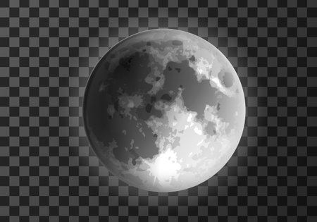 Moon weather meteo icon realistic vector illustration. Silver glowing full moon, crater surface. Realistic element for weather forecast, space object, isolated on transparent backgroundのイラスト素材