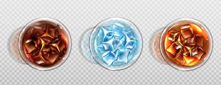 Top view of cola, cold tea and water with ice cubes. Cold soda drinks in glass cups with air bubbles. Isolated summer cocktails or alcohol beverages, Realistic 3d vector illustration, icon, clip artのイラスト素材