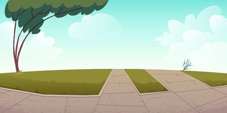 Park or city area with paths, green lawns and tree, summer time landscape with blue cloudy sky background, empty public place for walking and recreation, urban garden. Cartoon vector illustrationのイラスト素材