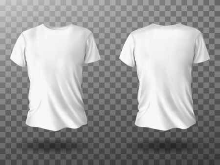 White t-shirt mockup, male t shirt with short sleeves vector template front back view. Blank apparel design for men, sportswear, casual clothing isolated on transparent background realistic 3d mock upのイラスト素材