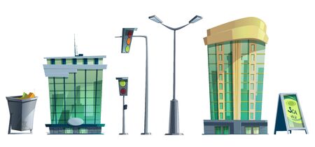 Modern city office buildings, traffic lights, street light, trash bin and advertising banner. Vector cartoon set of elements of cityscape, business architecture isolated on white backgroundのイラスト素材