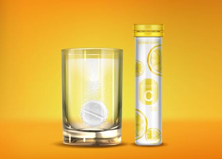 Effervescent vitamin C pills with fizz bubbles in water glass and closed bottle. Soluble tablets, pharmaceutical remedy capsules, isolated on orange background. Realistic 3d vector illustrationのイラスト素材