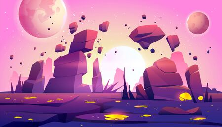Space game background with landscape of alien planet with rocks, cracks and glowing spots. Vector cartoon fantasy illustration of cosmos and planet surface for gui game designのイラスト素材