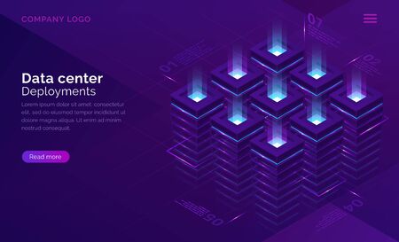 Date center isometric concept vector. Server room with racks, virtual supercomputer internet technology, database infographic infrastructure, cloud information storage on ultraviolet landing pageのイラスト素材