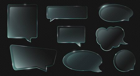 Glass speech bubbles different shapes isolated on transparent background. Vector realistic set of clear acrylic thought clouds for chat dialog, social communication, message or quoteのイラスト素材