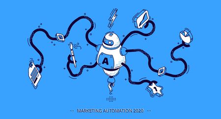 Marketing automation 2020 isometric banner. Technology for SEO, internet, digital business content. Octopus robot with many hands holding office attributes and graphs. 3d vector illustration, line artのイラスト素材